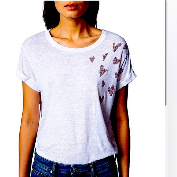 ZADIG & VOLTAIRE ANYA HEART LINEN SHORT SLEEVE T WHT RED CRYSTAL HEARTS SMALL - Picture 6 of 7